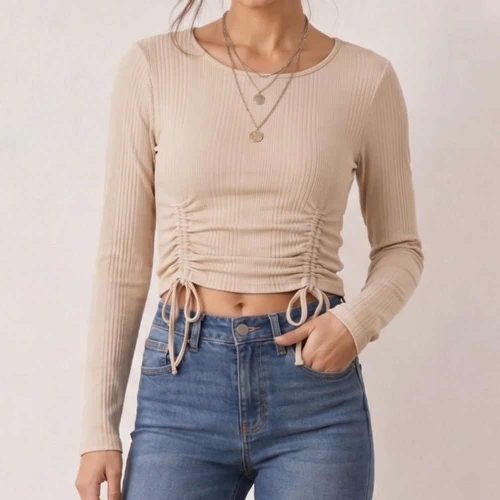 YMI NWT XL Fitted Cinched Front Long Sleeve Crop Top Beige Ribbed